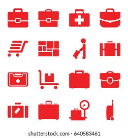 Suitcase icons set. set of 16 suitcase filled icons such as man with luggage, luggage, lugagge weight, case, first aid kit, cargo on cart, lugagge, luggage cart, medical kit