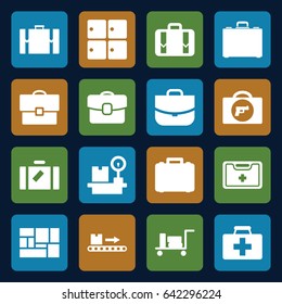 Suitcase icons set. set of 16 suitcase filled icons such as luggage, briefcase with weapon, luggage storage, case, first aid kit, luggage scan, lugagge, lugagge weight