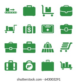 Suitcase icons set. set of 16 suitcase filled icons such as luggage belt, luggage, briefcase with weapon, money case, cargo on cart, medical kit