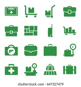 Suitcase icons set. set of 16 suitcase filled icons such as luggage belt, briefcase with weapon, lugagge weight, first aid kit, cargo on cart, lugagge, medical kit, case