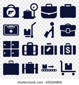 Suitcase icons set. set of 16 suitcase filled icons such as man with luggage, luggage, briefcase with weapon, lugagge weight, money case, case, cargo on cart, medical kit