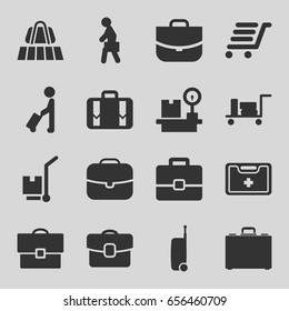 Suitcase icons set. set of 16 suitcase filled icons such as man with luggage, luggage belt, case, cargo on cart, lugagge weight, medical kit, man with case