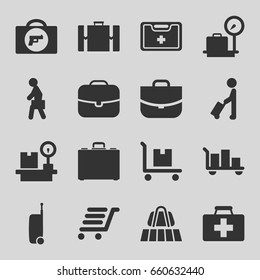 Suitcase icons set. set of 16 suitcase filled icons such as man with luggage, luggage belt, briefcase with weapon, lugagge weight, case, first aid kit, cargo on cart