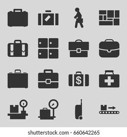 Suitcase icons set. set of 16 suitcase filled icons such as luggage, lugagge weight, luggage storage, money case, first aid kit, luggage scan, lugagge, case, man with case