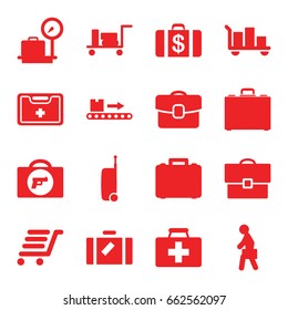 Suitcase icons set. set of 16 suitcase filled icons such as luggage, briefcase with weapon, lugagge weight, money case, first aid kit, luggage scan, luggage cart, medical kit
