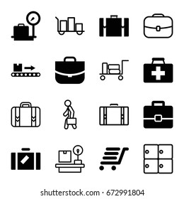 Suitcase icons set. set of 16 suitcase filled and outline icons such as luggage, lugagge weight, case, first aid kit, luggage scan, suitcase
