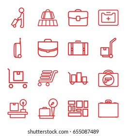 Suitcase icons set. set of 16 suitcase outline icons such as man with luggage, luggage belt, briefcase with weapon, lugagge weight, case, cargo on cart, lugagge, medical kit