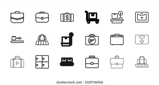 Suitcase icons. set of 18 editable outline suitcase icons: luggage belt, briefcase with weapon, luggage storage, money case, case, lugagge weight, medical kit