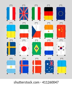 Suitcase icons set. 20 Suitcases with flags of different countries. Suitcase icon best.  Vector Illustration