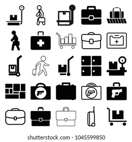 Suitcase icons. set of 25 editable filled and outline suitcase icons such as briefcase with weapon, luggage storage, cargo on cart, lugagge, lugagge weight, case