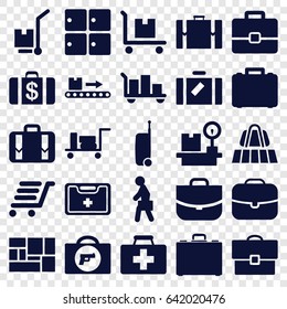 Suitcase icons set. set of 25 suitcase filled icons such as luggage, luggage belt, briefcase with weapon, money case, case, first aid kit, cargo on cart, lugagge