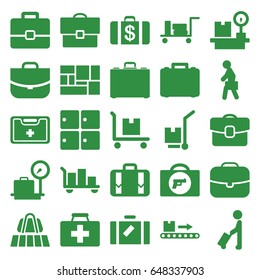 Suitcase icons set. set of 25 suitcase filled icons such as man with luggage, luggage, briefcase with weapon, lugagge weight, money case, case, first aid kit, cargo on cart