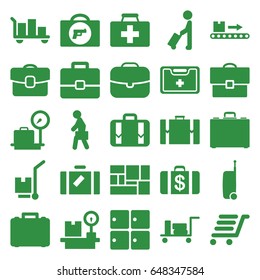 Suitcase icons set. set of 25 suitcase filled icons such as man with luggage, luggage, briefcase with weapon, lugagge weight, money case, first aid kit, cargo on cart, lugagge