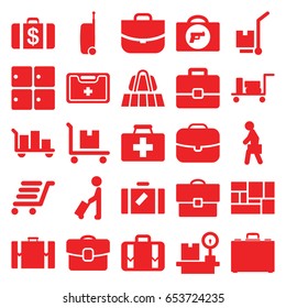 Suitcase icons set. set of 25 suitcase filled icons such as man with luggage, luggage, briefcase with weapon, money case, case, first aid kit, cargo on cart, lugagge
