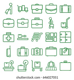 Suitcase icons set. set of 25 suitcase outline icons such as man with luggage, luggage, lugagge weight, money case, case, first aid kit, cargo on cart, lugagge, man with case