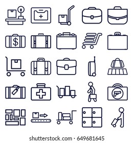 Suitcase icons set. set of 25 suitcase outline icons such as man with luggage, luggage, briefcase with weapon, money case, case, first aid kit, cargo on cart, lugagge