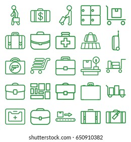 Suitcase icons set. set of 25 suitcase outline icons such as man with luggage, luggage, briefcase with weapon, money case, case, first aid kit, cargo on cart, lugagge