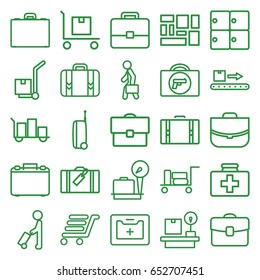 Suitcase icons set. set of 25 suitcase outline icons such as man with luggage, luggage, briefcase with weapon, lugagge weight, case, first aid kit, cargo on cart, lugagge