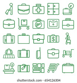 Suitcase icons set. set of 25 suitcase outline icons such as man with luggage, luggage, briefcase with weapon, lugagge weight, money case, case, first aid kit, cargo on cart