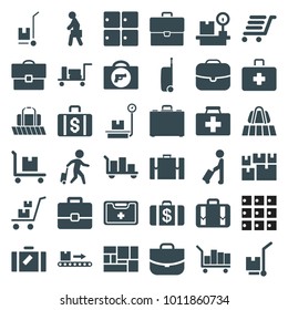 Suitcase icons. set of 36 editable filled suitcase icons such as man with luggage, luggage, briefcase with weapon, money case, case, first aid kit, cargo on cart, lugagge
