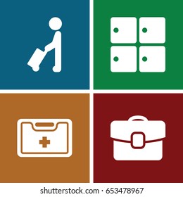 Suitcase icons set. set of 4 suitcase filled icons such as man with luggage, luggage storage, medical kit