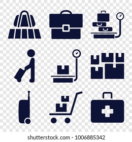 Suitcase icons. set of 9 editable filled suitcase icons such as man with luggage, luggage belt, suitcase, case, lugagge weight, first aid kit, lugagge