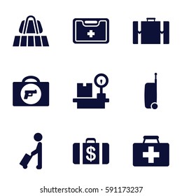 suitcase icons set. Set of 9 suitcase filled icons such as man with luggage, luggage belt, briefcase with weapon, Money case, first aid kit, lugagge weight, medical kit