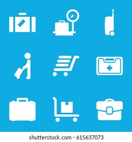 Suitcase icons set. set of 9 suitcase filled icons such as man with luggage, luggage, lugagge weight, cargo on cart, luggage cart, medical kit, case