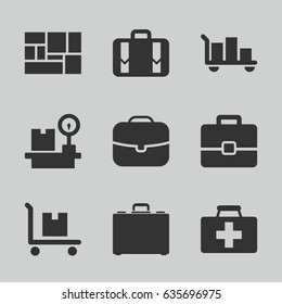 Suitcase icons set. set of 9 suitcase filled icons such as first aid kit, cargo on cart, lugagge, lugagge weight, luggage