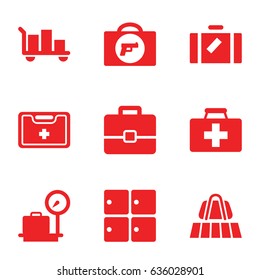 Suitcase icons set. set of 9 suitcase filled icons such as luggage, luggage belt, briefcase with weapon, lugagge weight, luggage storage, first aid kit, medical kit