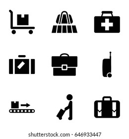 Suitcase icons set. set of 9 suitcase filled icons such as man with luggage, luggage, first aid kit, cargo on cart, suitcase