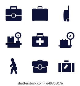 Suitcase icons set. set of 9 suitcase filled icons such as luggage, lugagge weight, first aid kit, case, man with case