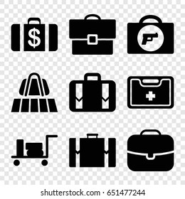 Suitcase icons set. set of 9 suitcase filled icons such as luggage belt, luggage, briefcase with weapon, money case, medical kit, suitcase