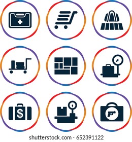 Suitcase icons set. set of 9 suitcase filled icons such as luggage belt, luggage, briefcase with weapon, lugagge weight, money case, lugagge, luggage cart
