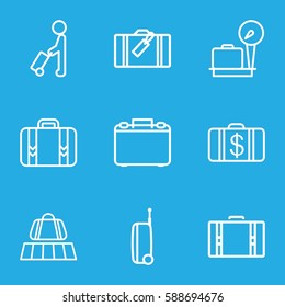 suitcase icons set. Set of 9 suitcase outline icons such as man with luggage, luggage, luggage belt, lugagge weight, Money case, case