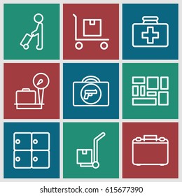 Suitcase icons set. set of 9 suitcase outline icons such as man with luggage, briefcase with weapon, lugagge weight, luggage storage, first aid kit, cargo on cart, lugagge