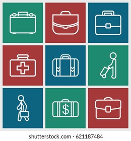 Suitcase icons set. set of 9 suitcase outline icons such as man with luggage, Money case, case, first aid kit, luggage