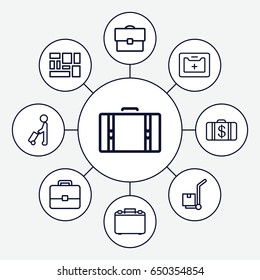 Suitcase icons set. set of 9 suitcase outline icons such as man with luggage, money case, cargo on cart, lugagge, medical kit, case