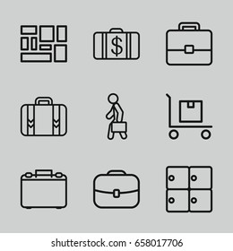 Suitcase icons set. set of 9 suitcase outline icons such as luggage storage, money case, cargo on cart, lugagge, luggage, man with case