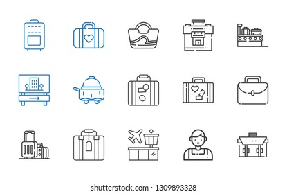 suitcase icons set. Collection of suitcase with briefcase, salesman, airport, portfolio, luggage, room service, hotel, bag. Editable and scalable suitcase icons.