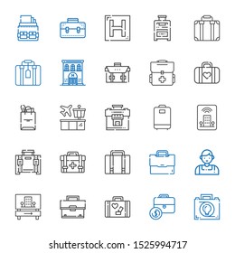 suitcase icons set. Collection of suitcase with briefcase, portfolio, luggage, hotel, salesman, first aid kit, airport, tote bag. Editable and scalable suitcase icons.