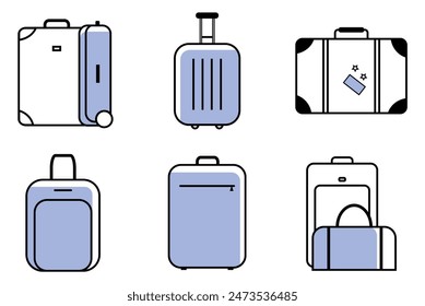 Suitcase icons set. Travel bags icons. Isolated travel and luggage icons with blue highlights. Baggage simple illustration.