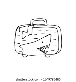 Suitcase with the image of a shark from which things stick out. Suitcase for travel, trip on vacation. Hand drawn stock vector illustration. Isolated on a white background.