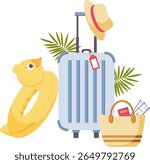 Suitcase with inflatable duck and beach bag. Summer vacation. Travel time concept. Hand drawn simple vector illustration.