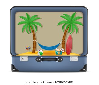 suitcase and items for a beach holiday concept stock vector illustration isolated on white background