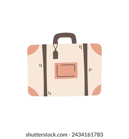 Suitcase with label hand drawn vector illustration in doodle style. Bag for journey trip travel. Baggage and luggage. Isolated on white background