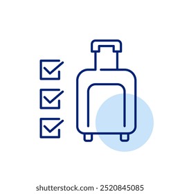 Suitcase and list of checkmarks. Completion of of essential travel tasks. Travel plans, bookings, and preparation. Pixel perfect vector icon