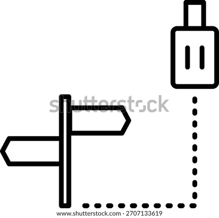 Suitcase and a location pin connected by a dotted line path, showing the way to the luggage drop-off.