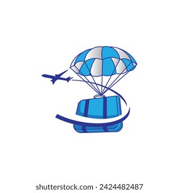 Suitcase logo with fly airplane sign, travel logo, vacation logo. Travel bag with parachute and airplane on white background