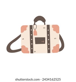 Suitcase with long shoulder strap hand drawn vector illustration. Traveling luggage baggage bag in doodle style. Modern personal accessory for journey trip tourist